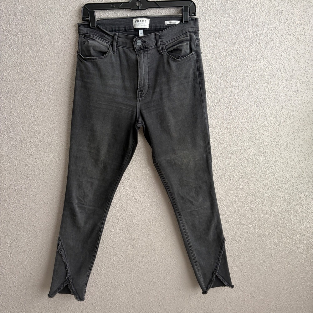 Frame Le High Black Gray Skinny Jeans Raw Bottom Hem 30